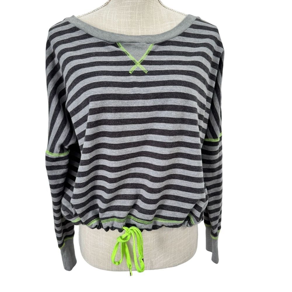 One Step Up Sweater Womens L Gray Black Striped Lime Green Drawstring Y2K